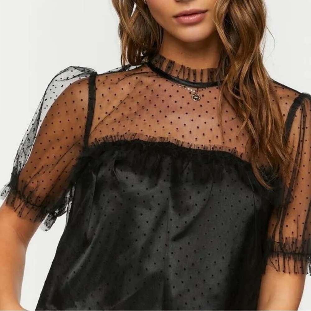 Forever 21 ,Black Dot Chiffon Layered Balloon Sleeve Top. Size L